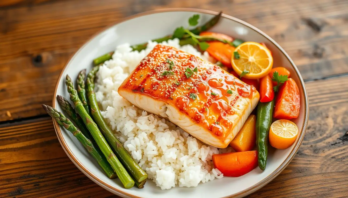 Salmon with vegetables and rice