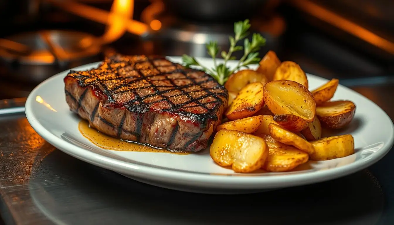 steak and potatoes in oven