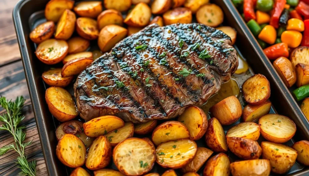 steak and potatoes in oven